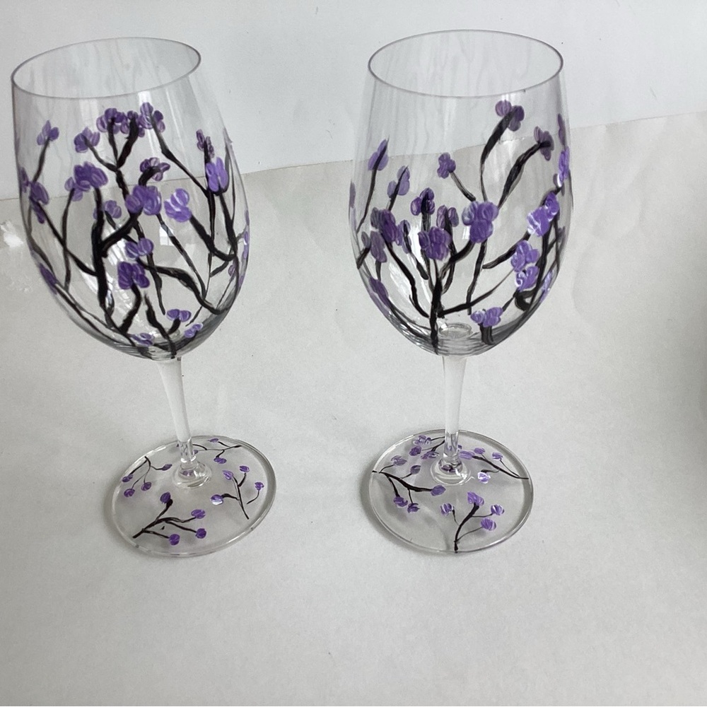 Hand Crafted Purple Floral Wine Glasses